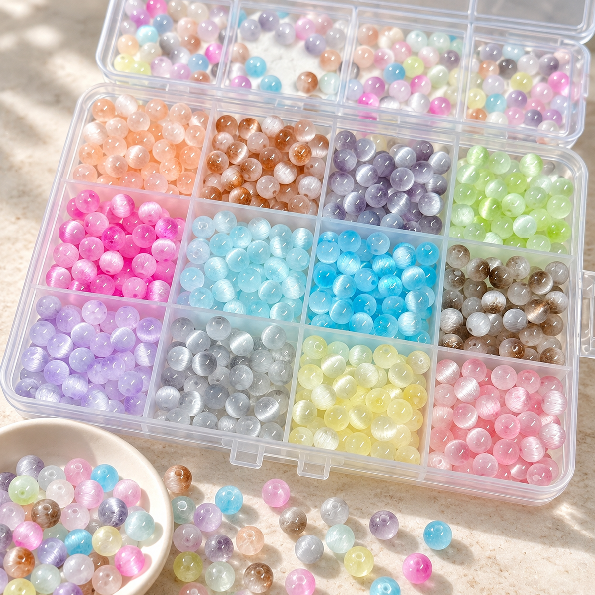 ✨【NEW】6mm Halo Round Cat Eye Glass Beads Series A & B Separately Pre-boxed with Fixed Color Compartments — original studio product photograph