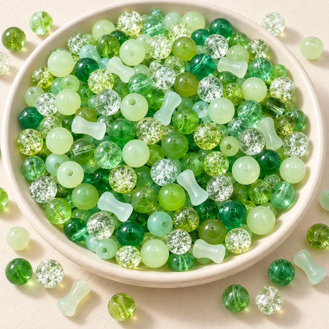 Sea Petal glass bead mix in seafoam, lime and green shades