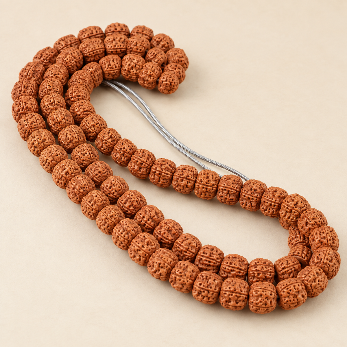 Terracotta Vintage Rudraksha Mala | 114 Pcs Natural Rudraksha Beads, Meditation Prayer Beads, Unisex Wrap Bracelet & Long Necklace — original studio product photograph