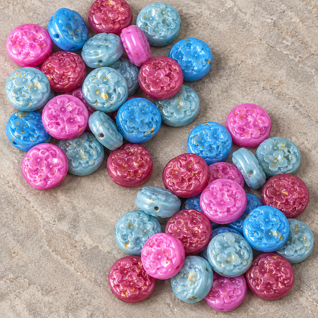 Glass-Embossed Floral Coin Beads — original studio product photograph