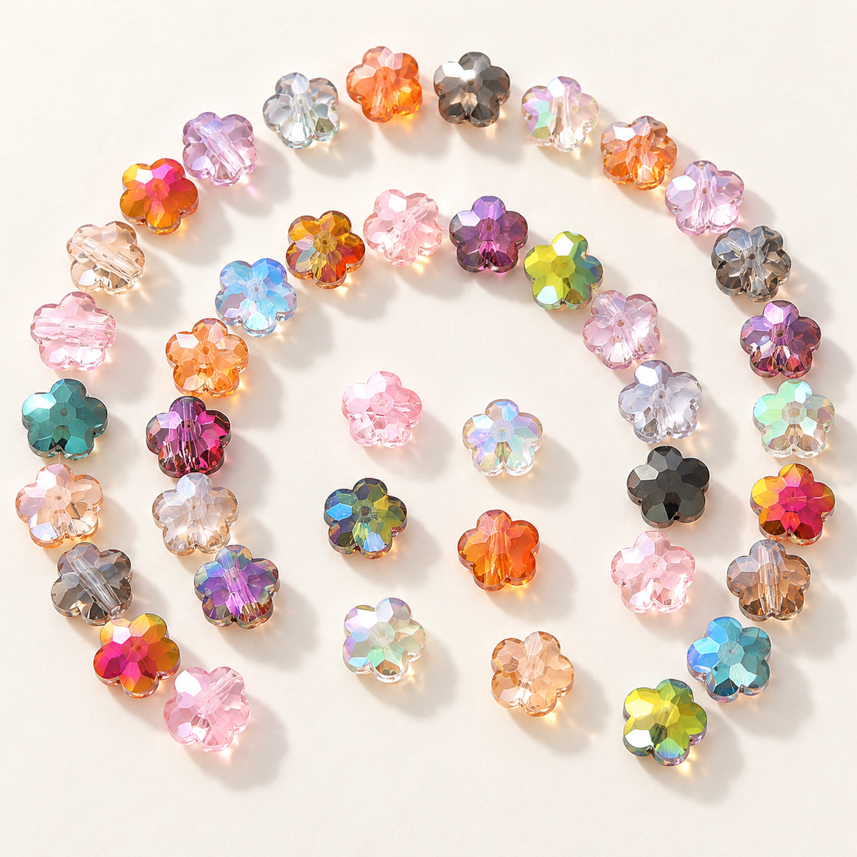 ✨【NEW】Crystal Bloom Faceted 5-Petal Flower Glass Beads Mixed Iridescent Colors for DIY Jewelry Making — original studio product photograph