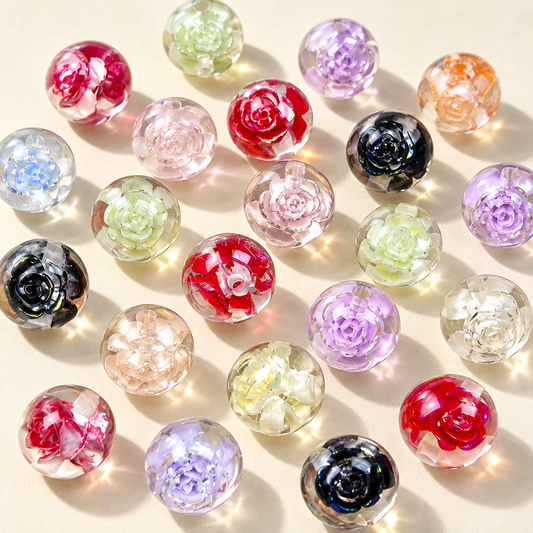 ✨[NEW]16mm Rose Embedded Resin Beads | Straight‑Hole Transparent Floral Round Beads — original studio product photograph