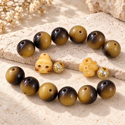✨【NEW】Amber Grove | 12mm Round Bodhi Beads With Carved Bunny & Four‑Leaf Flower Bodhi Beads — original studio product photograph