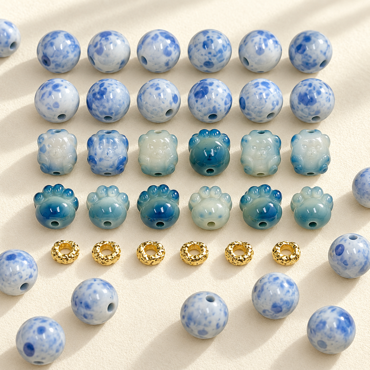 ✨【NEW】Blue Porcelain | 12mm Round Bodhi Beads, Carved Bear & Paw Bodhi Beads Set — original studio product photograph