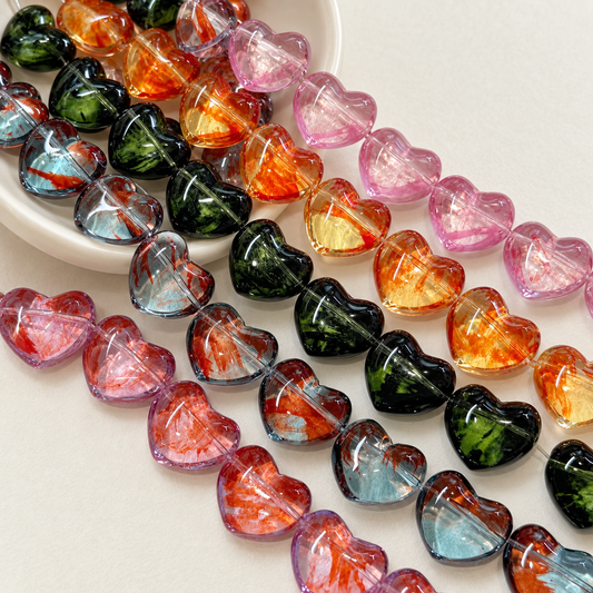 ✨【NEW】Puffy Heart | Brush‑Streaked Horizontal Hole Heart Glass Beads For DIY Bracelet — original studio product photograph