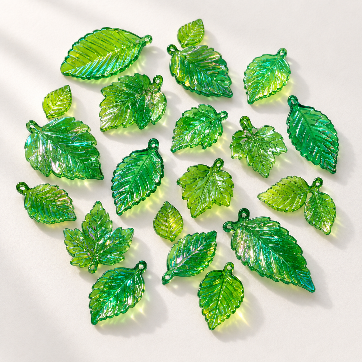 ✨【NEW】Iridescent Foliage | Mixed‑Size Green Iridescent Acrylic Leaf Charms for DIY Jewelry Making — original studio product photograph