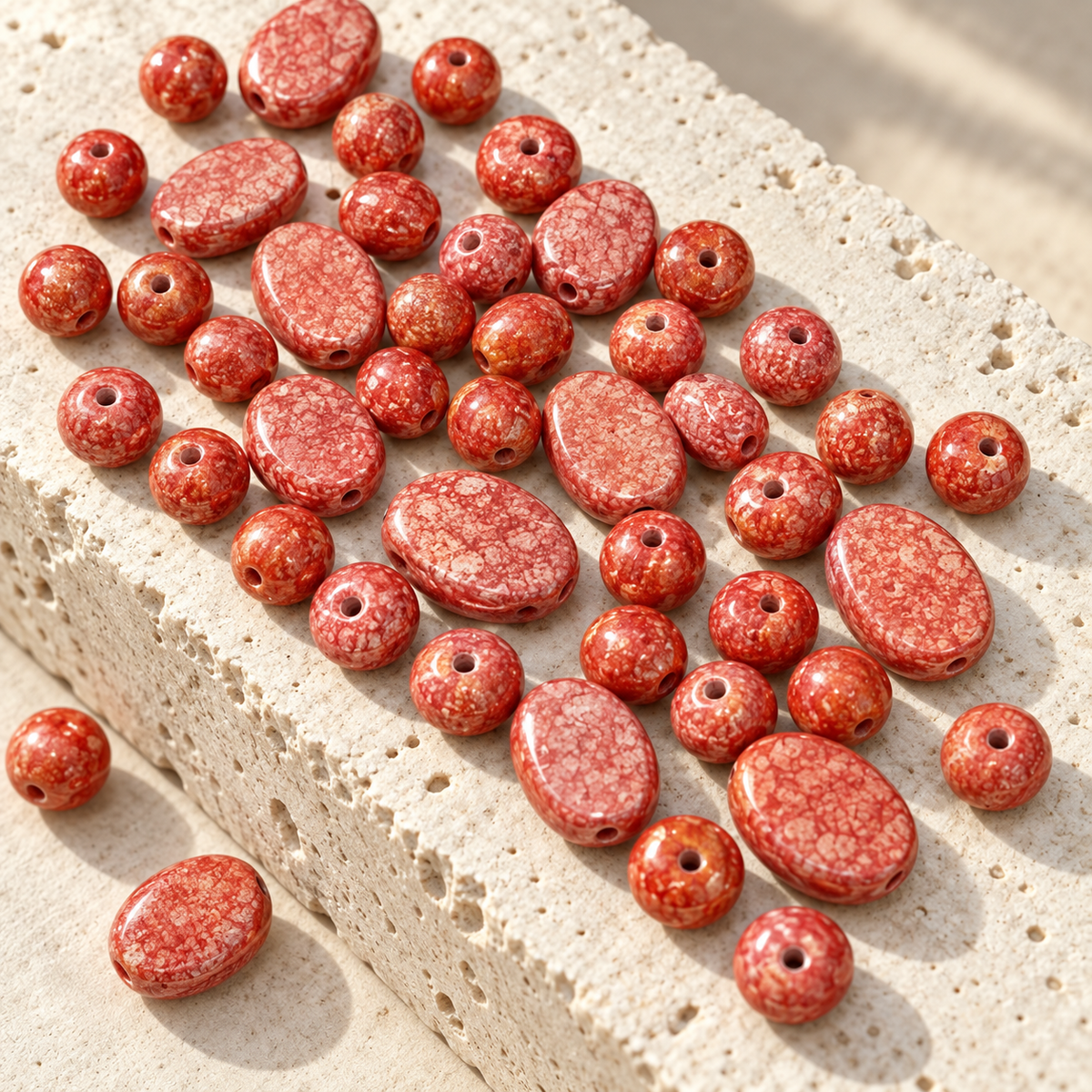 ✨【NEW】Gilded Mottles | Mixed‑Shape Gilded Speckled Glass Beads Set, 8mm Round /7.5×10mm Flat‑Barrel /12.5×16mm Oval Flat Plaque for DIY Jewelry Making — original studio product photograph