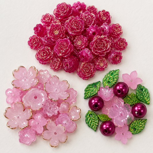 ✨【NEW|B1G1】Fuchsia Petalia | Resin & Acrylic Mixed Flower‑Leaf Set With Pearl‑Like Glass Beads, Assorted Floral Charms for DIY Jewelry Making — original studio product photograph