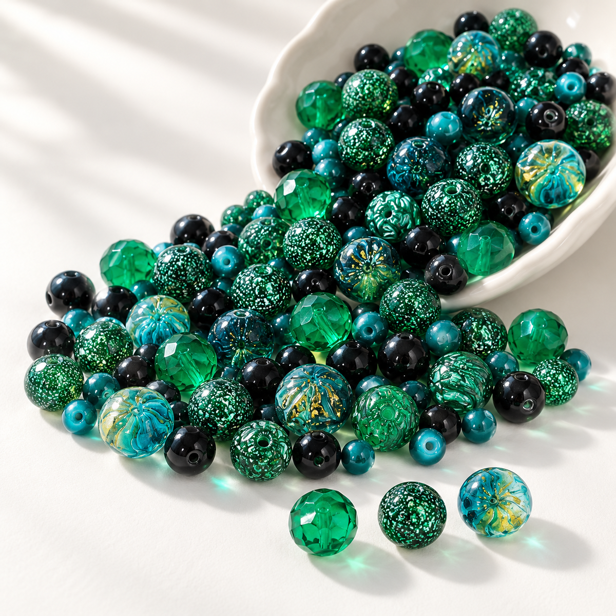 💚【NEW】Shadow Grove Grande｜Green‑Teal Large Mixed Glass Beads For DIY Bracelet — original studio product photograph