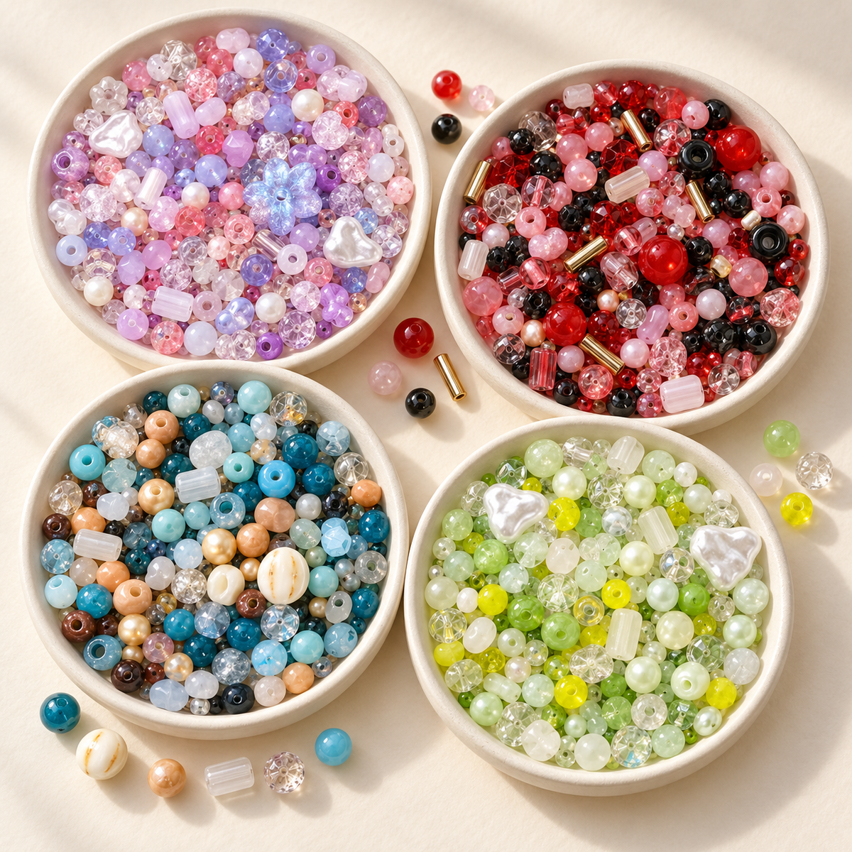 Glass bead colorway assortments styled in four ivory dishes